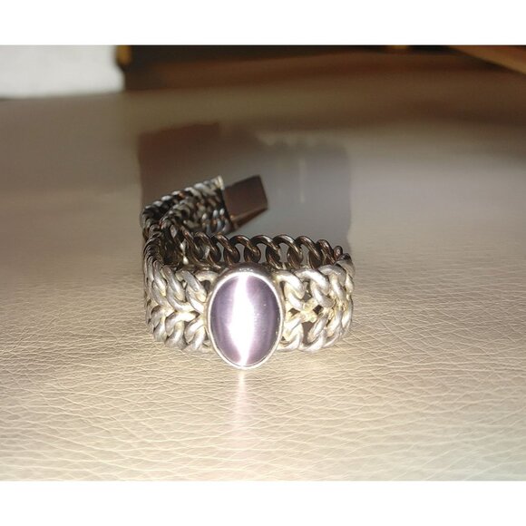 Sterling Silver Mexico Bracelet Simulated Purple Cats Eye Gemstone 925 Jewelry - Picture 8 of 16